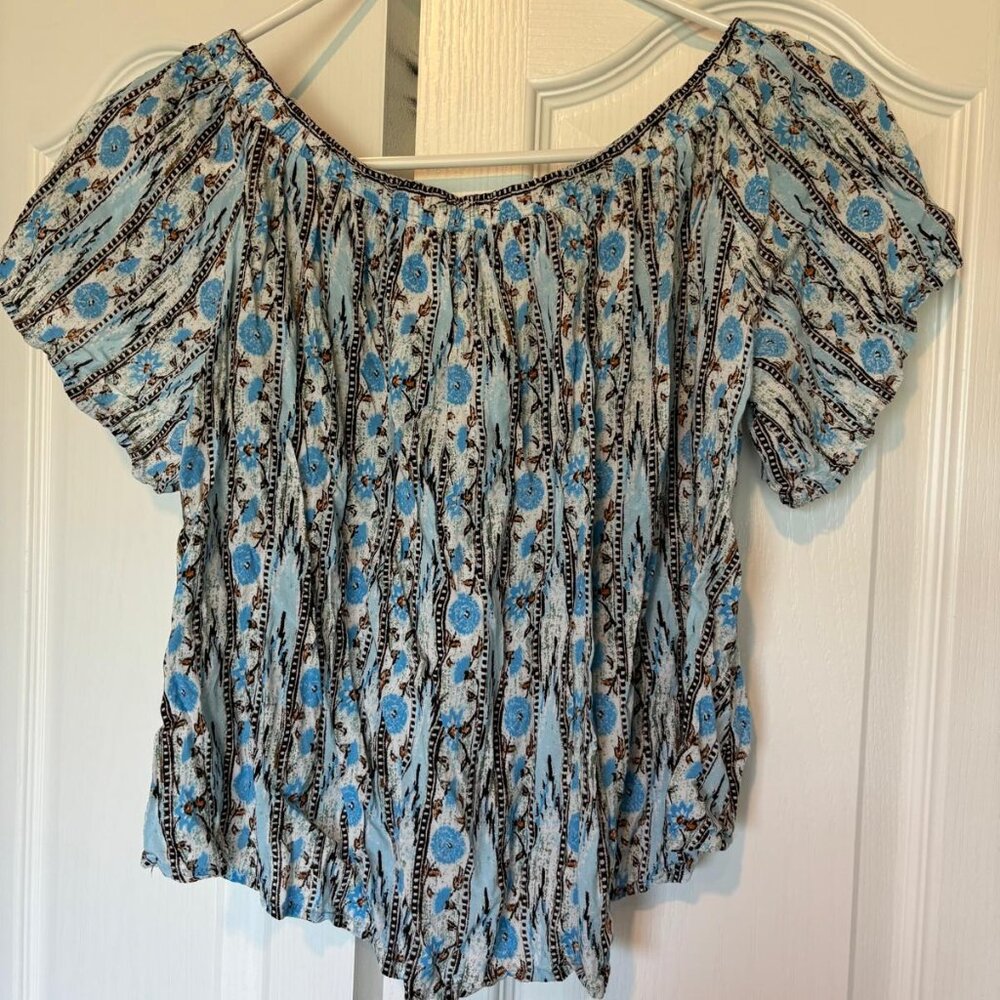 ASTR The Label Blue Floral Boho Cropped Short Sleeve Blouse Top, Size S
